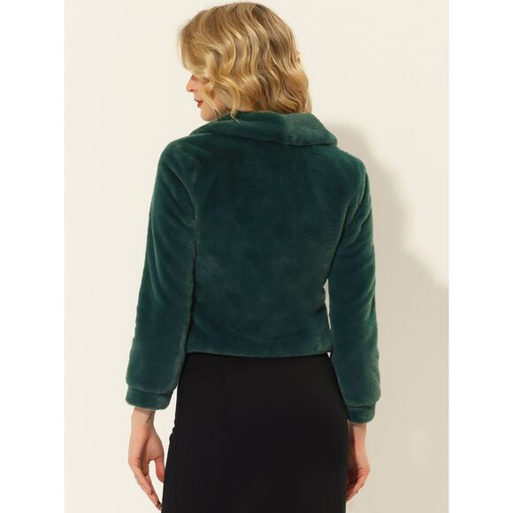 Winter Cropped Jacket Lapel Long Sleeve Faux Fur Fluffy Coat Green - Picture 5 of 5